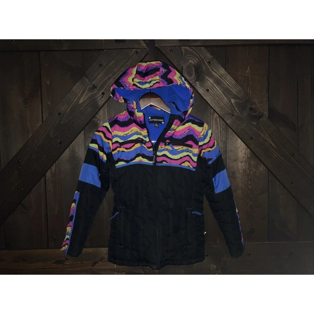 Girls Rothschild Hooded Winter Jacket M (10/12)‎ Black With Neon Stripes
